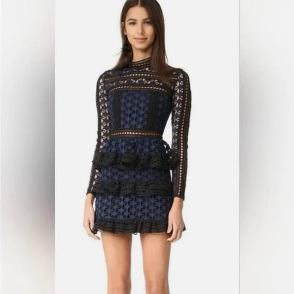 Self-Portrait Navy Lace Long Sleeve Dress - Picture 2 of 8